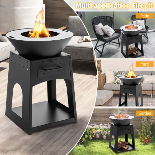 Gymax Patio Fire Pit w/ Firewood Log Rack Outdoor Wood Burning Fireplace w/ Grill & Ash Box