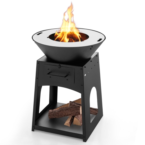 Gymax Patio Fire Pit w/ Firewood Log Rack Outdoor Wood Burning Fireplace w/ Grill & Ash Box