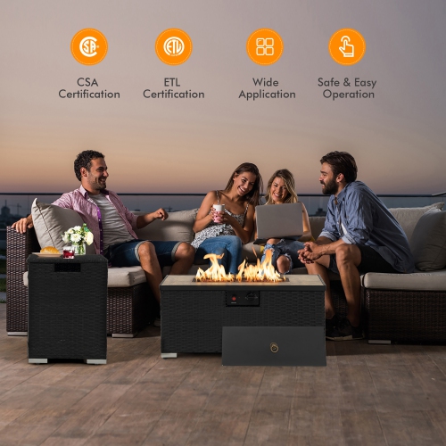 Gymax 32''x 20'' Propane Rattan Fire Pit Table Set w/ Side Table Tank & Cover 40,000 BTU
