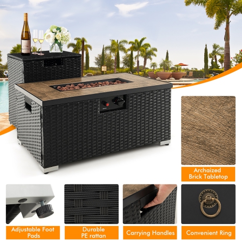Gymax 32''x 20'' Propane Rattan Fire Pit Table Set w/ Side Table Tank & Cover 40,000 BTU