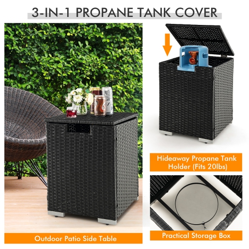 Gymax 32''x 20'' Propane Rattan Fire Pit Table Set w/ Side Table Tank & Cover 40,000 BTU