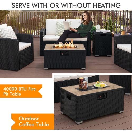 Gymax 32''x 20'' Propane Rattan Fire Pit Table Set w/ Side Table Tank & Cover 40,000 BTU