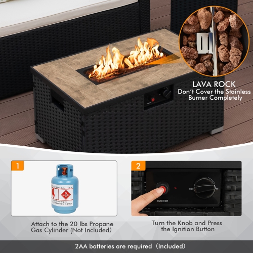 Gymax 32''x 20'' Propane Rattan Fire Pit Table Set w/ Side Table Tank & Cover 40,000 BTU