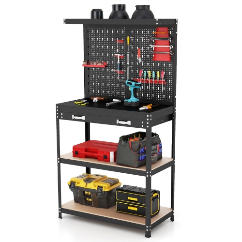 Gymax Multi-use Workbench w/ 2 Shelves Heavy-Duty Work Table Tool Storage Bench Black & Red