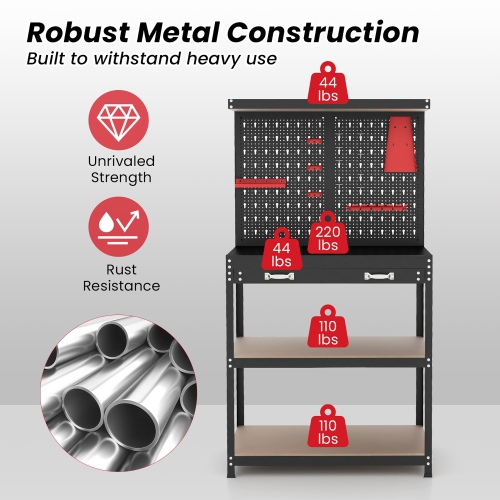 Gymax Multi-use Workbench w/ 2 Shelves Heavy-Duty Work Table Tool Storage Bench Black & Red