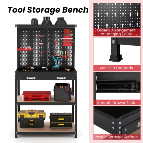 Gymax Multi-use Workbench w/ 2 Shelves Heavy-Duty Work Table Tool Storage Bench Black & Red
