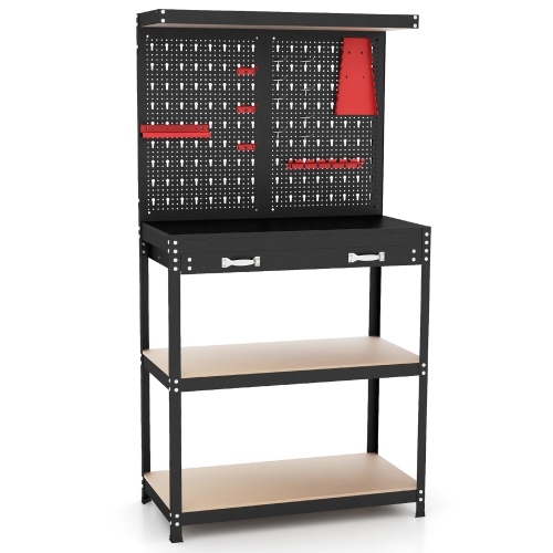 Gymax Multi-use Workbench w/ 2 Shelves Heavy-Duty Work Table Tool Storage Bench Black & Red