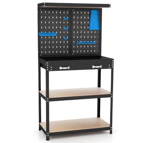 Gymax Multi-use Workbench w/ 2 Shelves Heavy-Duty Work Table Tool Storage Bench Black & Blue