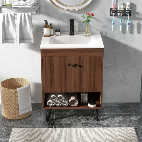 Gymax 25 Inch Wooden Bathroom Vanity Sink Combo with Open Shelf & Sink & Pop Up Drain