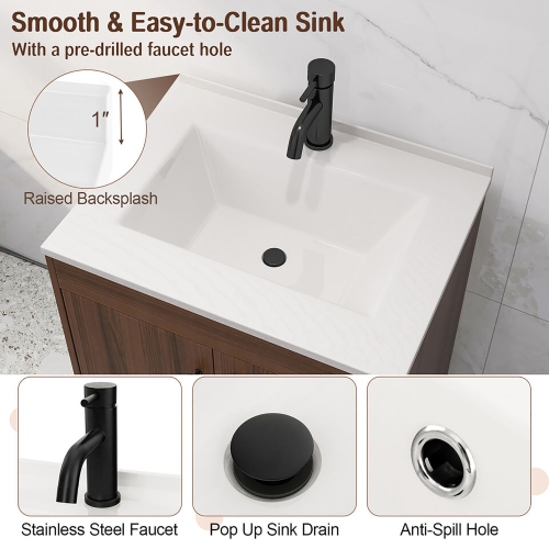 Gymax 25 Inch Wooden Bathroom Vanity Sink Combo with Open Shelf & Sink & Pop Up Drain