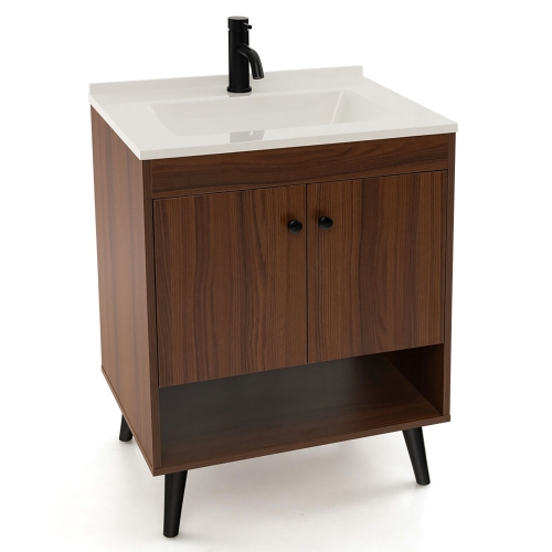 Gymax 25 Inch Wooden Bathroom Vanity Sink Combo with Open Shelf & Sink & Pop Up Drain