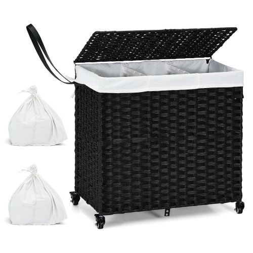 GYMAX  Laundry Hamper W/wheels & Lid, 125L 3-Section Clothes Hamper W/2 Liner Bags