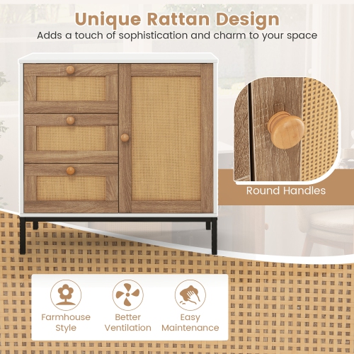 Gymax Set of 2 Rattan Sideboard Buffet Cabinet Accent Cabinet w/ 1 Door & 3 Drawers