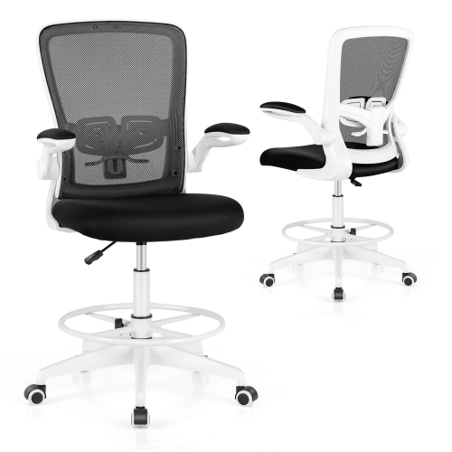 GYMAX  Drafting Chair Tall Office Chair Ergonomic Computer Standing Desk Chair W/ Flip-Up Armrests