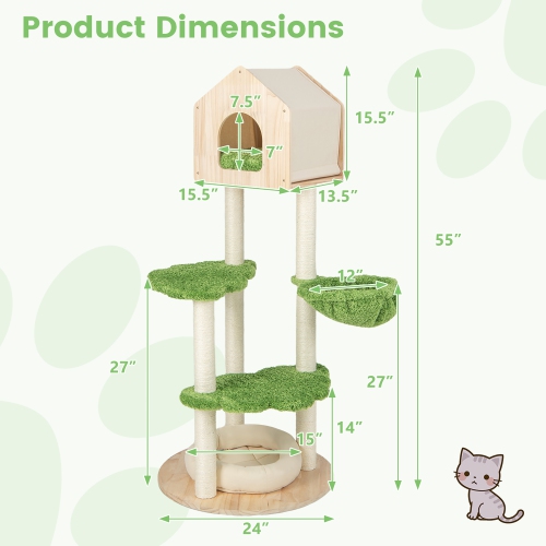 Gymax Wooden Cat Tree 55'' Tall Cat Climbing Stand w/ Sisal Scratching Posts Green
