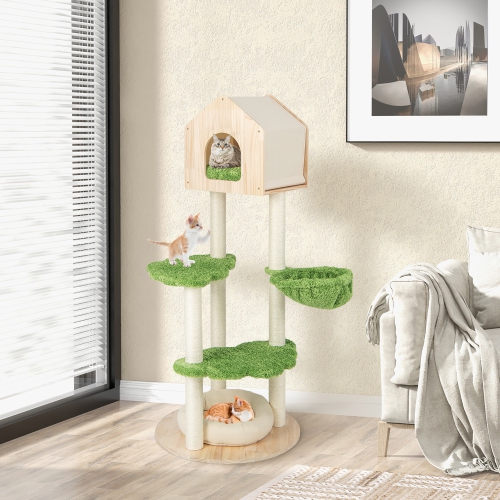 Gymax Wooden Cat Tree 55'' Tall Cat Climbing Stand w/ Sisal Scratching Posts Green