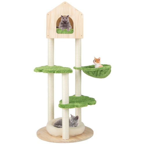 Gymax Wooden Cat Tree 55'' Tall Cat Climbing Stand w/ Sisal Scratching Posts Green
