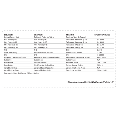 OceanAudio OAE-170.1 Car Audio Subwoofer Amplifier - Monoblock, Class A/B, 2/4 Ohm Stable, Mosfet Power Supply 340W - RMS Power @4Ω 1*110W @2Ω 1*170W