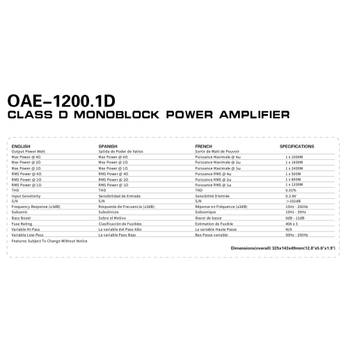 OceanAudio OAE-1200.1D Monoblock Class D Amplifier with Remote Subwoofer Level Control, 2400W