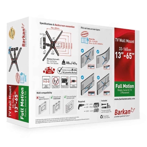 Barkan - Full Motion Television Mount, For Flat or Curved Screens from 13" to 65", Maximum 40kg