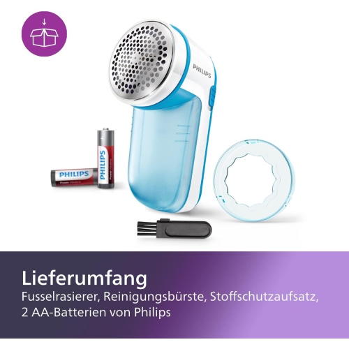 Philips Fabric Shaver, Removes Fabric Pills, Suitable for All Garments, Large Blade Surface, Cleaning Brush, Includes Batteries, Blue