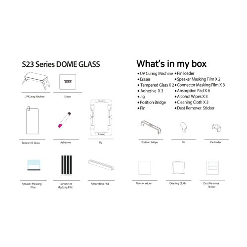 Protecteur d'écran en verre DomeGlass blanc pour Galaxy S23 plus avec lampe UV [9H verre trempé, sans bulles, trousse d'installation] - Paquet de 2