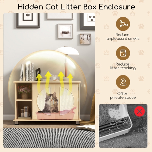 Gymax Cat Litter Box Enclosure w/ Sisal Scratching Doors Storage Adjustable Metal Feet