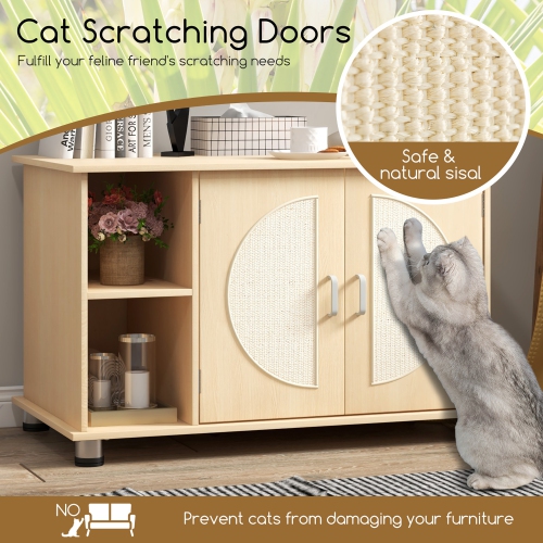 Gymax Cat Litter Box Enclosure w/ Sisal Scratching Doors Storage Adjustable Metal Feet
