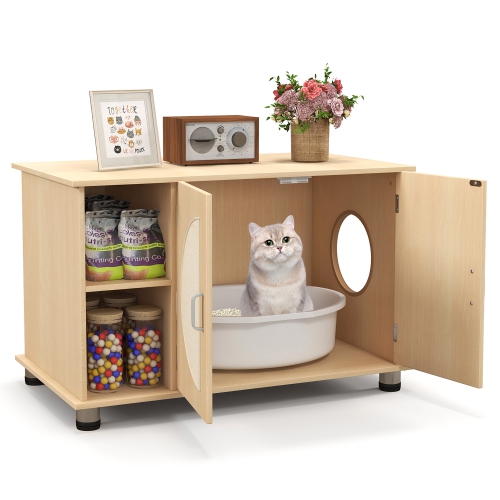 Gymax Cat Litter Box Enclosure w/ Sisal Scratching Doors Storage Adjustable Metal Feet