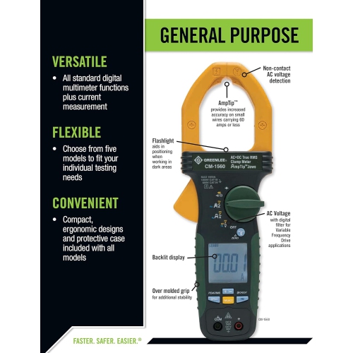 Greenlee CM-1560 General Purpose Clamp Meter, AC/DC, 1000-Amp