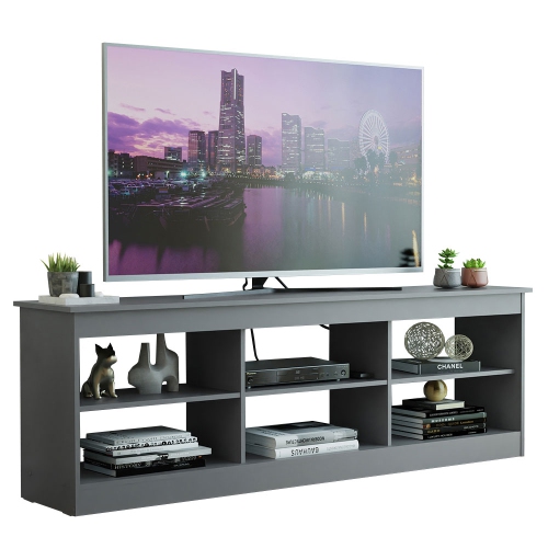 Madesa TV Stand Entertainment Center TV Bench with 6 Open Shelves Easy Cable Management for 65, 75 Inch Living Room and Bedroom Modern Wooden