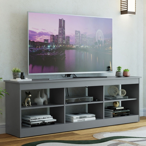 Madesa TV Stand Entertainment Center TV Bench with 6 Open Shelves Easy Cable Management for 65, 75 Inch Living Room and Bedroom Modern Wooden
