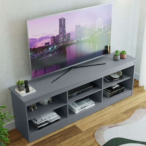 Madesa TV Stand Entertainment Center TV Bench with 6 Open Shelves Easy Cable Management for 65, 75 Inch Living Room and Bedroom Modern Wooden