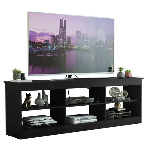 Madesa TV Stand Entertainment Center TV Bench with 6 Open Shelves Easy Cable Management for 65, 75 Inch Living Room and Bedroom Modern Wooden