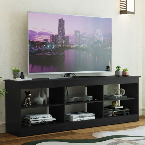 Madesa TV Stand Entertainment Center TV Bench with 6 Open Shelves Easy Cable Management for 65, 75 Inch Living Room and Bedroom Modern Wooden