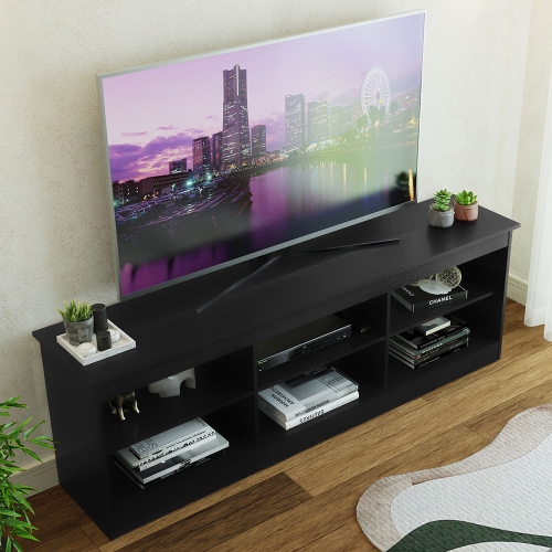 Madesa TV Stand Entertainment Center TV Bench with 6 Open Shelves Easy Cable Management for 65, 75 Inch Living Room and Bedroom Modern Wooden