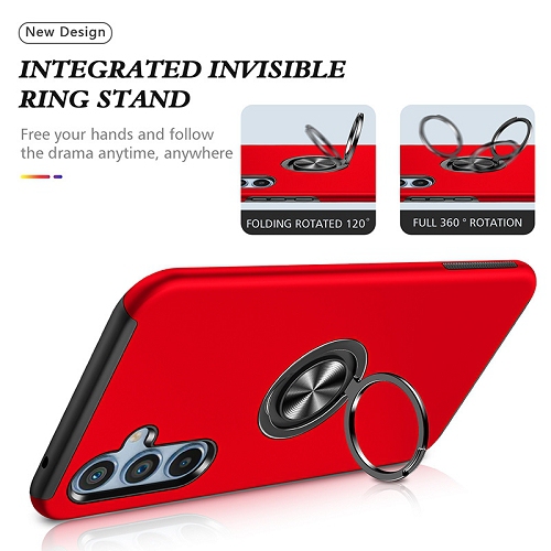 TopSave "Hidden Series" Solid Color PC Back Combine w/Inner Black TPU Bumper Kickstand Armor Case For Samsung Galaxy A15, Red