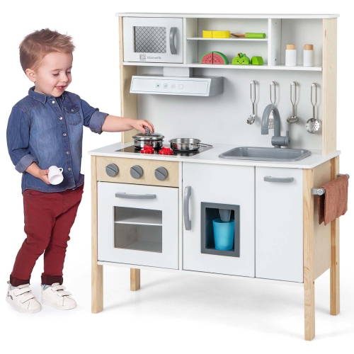 Ensemble de cuisine en bois de Costway pour enfants jouet de chef factice avec four à micro-ondes et accessoires