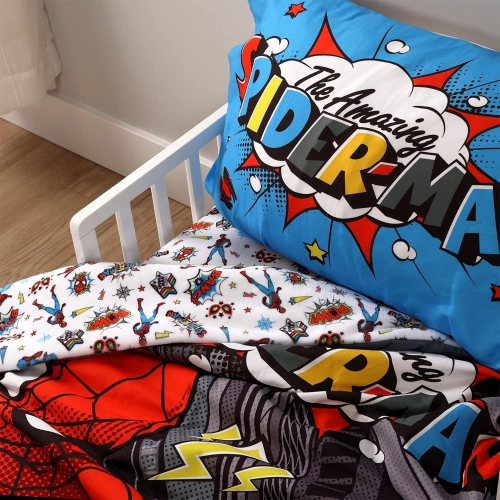 Marvel Spider-Man Comic Toddler Sheet Set for Kids - 3 Pcs Bedding Set - Comforter, Fitted Sheet and Pillowcase