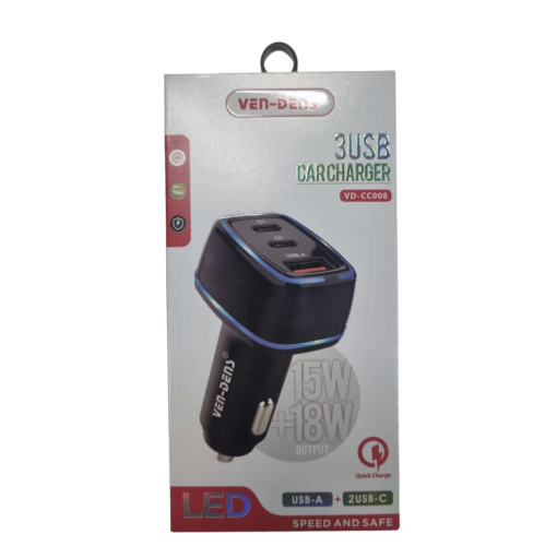 3-in-1 USB Car Charger - 2 USB-C & 1 USB-A Ports - VEN-DENS | Fast Charging Adapter for iPhone, Android, Compact Design - On-The-Go Power for Car, Tr