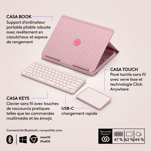 Ensemble bureau escamotable Casa de Logitech avec support pour portable, clavier et pavé tactile pour portable/MacBook - Rose