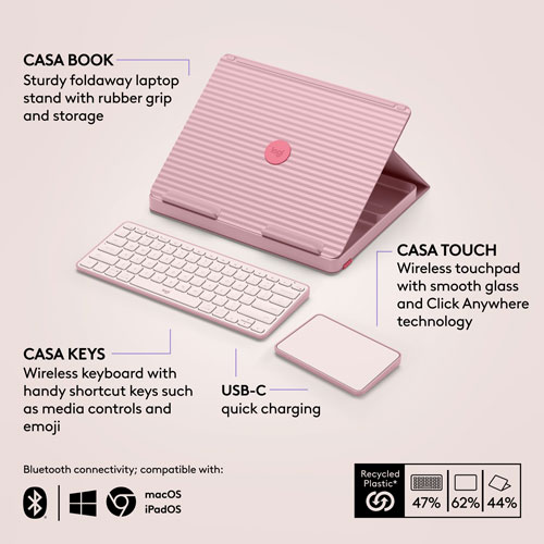 Ensemble bureau escamotable Casa de Logitech avec support pour portable, clavier et pavé tactile pour portable/MacBook - Rose