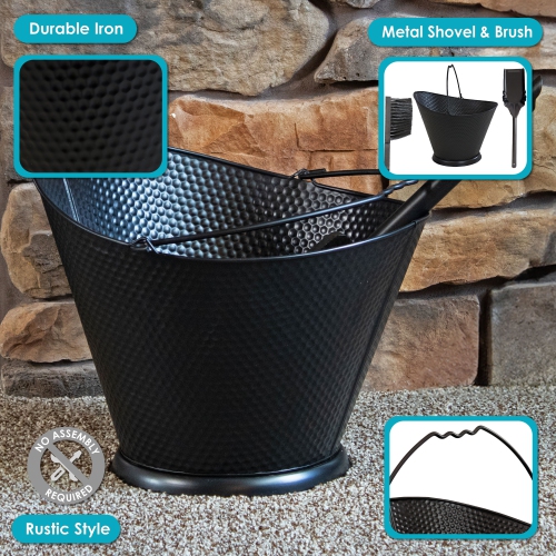 Sunnydaze 5-Gallon Iron Ash Bucket with Shovel and Brush - Black