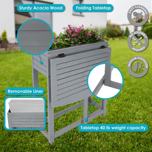 Sunnydaze Acacia Wood Folding Table with Planter Box - 30.5" H - Gray