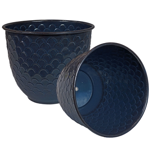 Image 1 of 7.. Sunnydaze Dinah Metal Planter - 12.5 in - Navy Glaze - Set of 2