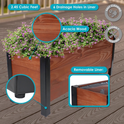 Sunnydaze Acacia Wood Raised Garden Bed with Planter Bag - 14.75" H - Brown