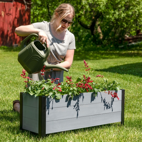 Sunnydaze Acacia Wood Raised Garden Bed with Planter Bag - 14.75" H - Gray