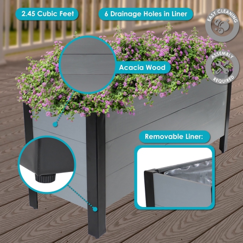 Sunnydaze Acacia Wood Raised Garden Bed with Planter Bag - 14.75" H - Gray