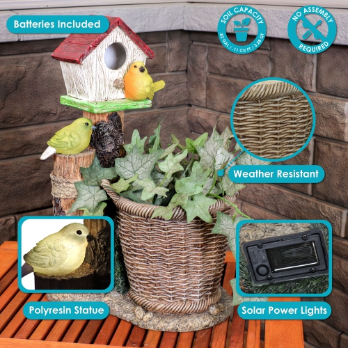 Sunnydaze Polyresin Bird House Planter Statue with Solar Lighted Birds