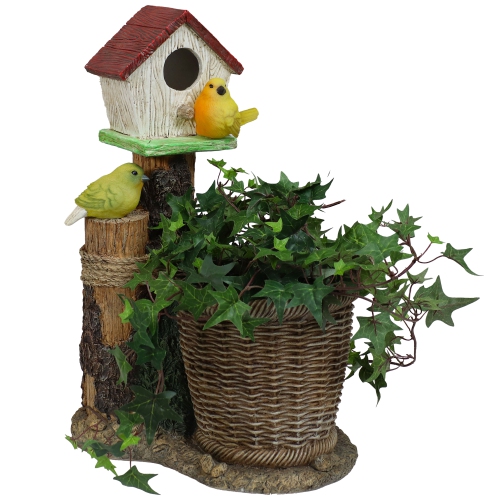 Sunnydaze Polyresin Bird House Planter Statue with Solar Lighted Birds